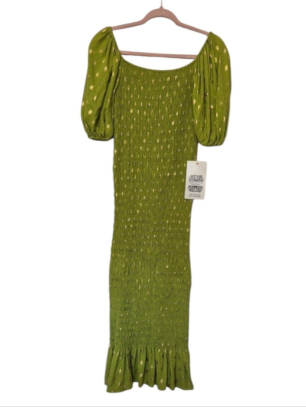 Never Fully Dressed Green Gold Metallic Smocked Puff Sleeve Maxi Dress M #953